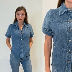 Vintage Mushroom Denim Snap Down Top